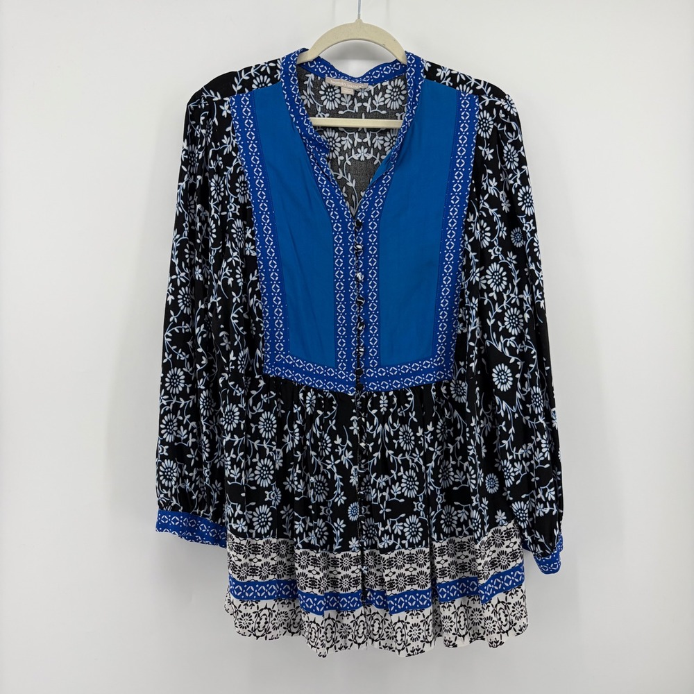Woman Within Womens 18/20 Blue Black Floral Tunic Boho Button Bib Long Sleeve